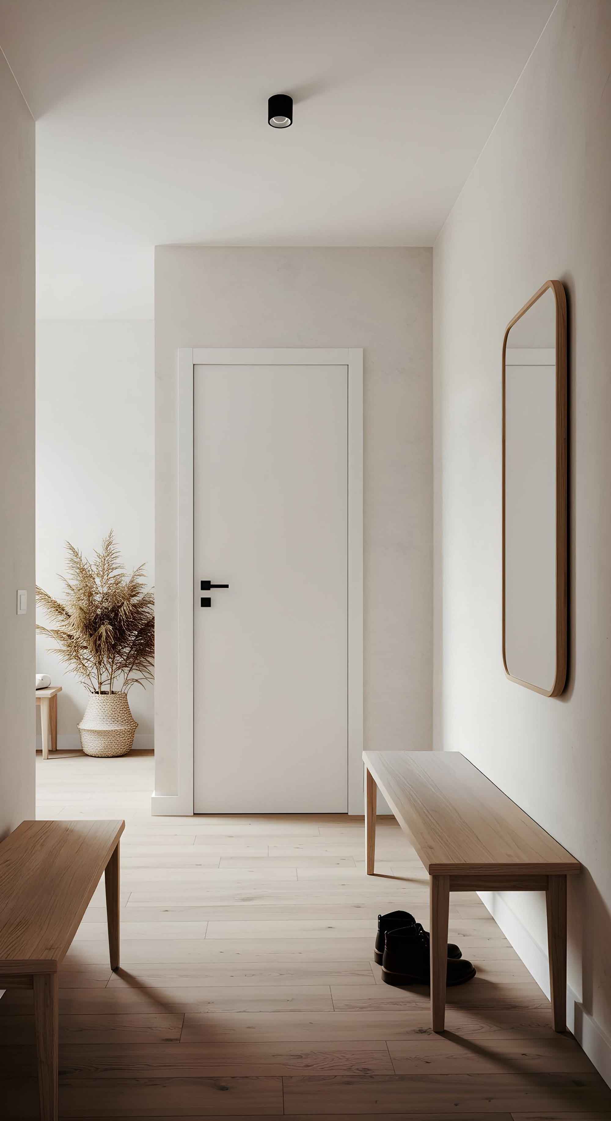 Interior minimalista del pasillo con banco de madera y espejo en torremolinos